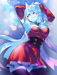  absurdres arms_up baniran_dorosu black_sclera blue_hair breasts colored_sclera cowboy_shot dancing detached_collar detached_sleeves dress female highres horns long_hair looking_at_viewer me!me!me!_dance_(meme) medium_breasts meme monster_girl multicolored_eyes multicolored_hair original personification pink_eyes pink_hair pink_pupils pleated_dress purple_thighhighs red_dress red_sleeves single_horn smile snow_(baniran_dorosu) solo strapless strapless_dress thighhighs underbust white_eyes 