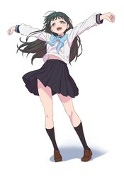  absurdres akebi-chan_no_serafuku akebi_komichi atsumi_tomoya black_hair black_sailor_collar black_skirt black_socks blue_bow blue_eyes bow bowtie brown_footwear female full_body highres kneehighs loafers long_hair long_sleeves midriff_peek open_mouth outstretched_arms pleated_skirt roubai_academy_school_uniform_(old) sailor_collar school_uniform serafuku shirt shoes simple_background skirt smile socks solo standing white_background white_shirt 