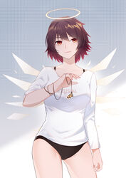  7t absurdres alternate_costume arknights asymmetrical_sleeves black_panties bra_strap breasts brown_eyes character_name commentary cowboy_shot exusiai_(arknights) female grey_background halo highres long_sleeves looking_at_viewer no_pants panties purple_hair shirt short_hair short_sleeves solo standing t-shirt thighs two-tone_background underwear uneven_sleeves white_background white_shirt 