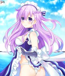  alternate_costume apron ass azur_lane belfast_(azur_lane) belfast_(azur_lane)_(cosplay) blush cosplay enmaided female hair_ornament highres horie_yui lewdkuma long_hair looking_at_viewer maid maid_apron maid_headdress nepgear neptune_(series) panties purple_eyes purple_hair solo underwear voice_actor_connection white_panties 