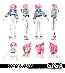  3d blue_eyes breasts character_name cleavage crop_top digitrevx earrings female gloves green_gloves grey_jacket hair_ornament heart heart_hair_ornament highres hood hooded_jacket indie_virtual_youtuber jacket jewelry leggings medium_breasts multiple_views official_art open_hand pink_hair ponytail reference_sheet smile sports_bra twintails virtual_youtuber white_legwear white_sports_bra yfu 