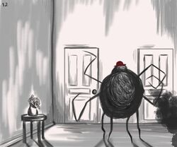  8_limbs ambiguous_gender anthro arachnid arthropod black_body black_fur clothing detailed_background door fur hat headgear headwear hi_res mr._spider solo spider the_magnus_archives twistyblitzy 