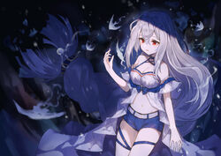  animal arknights blue_shorts breasts cleavage commentary cowboy_shot criss-cross_halter female fish floating_hair grey_hair hair_between_eyes halterneck hand_up highres k_futoshi_0n0 large_breasts long_hair low-tied_long_hair low_ponytail navel official_alternate_costume parted_lips red_eyes shorts skadi_(arknights) skadi_(waverider)_(arknights) solo stomach underwater very_long_hair 