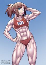  abs arms_up brown_hair commentary ebr-kii english_commentary female flat_chest green_eyes hand_on_own_hip looking_at_viewer muscular muscular_female original ponytail red_sports_bra solo sports_bra sportswear thighs 