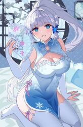  absurdres bare_shoulders blue_eyes blue_hair blunt_bangs blush breasts bridal_gauntlets china_dress chinese_clothes cleavage_cutout clothing_cutout dress female folding_fan genshin_impact hair_ornament hair_ribbon hand_fan highres holding holding_fan kamisato_ayaka large_breasts light_blue_hair long_hair looking_at_viewer mole mole_under_eye pelvic_curtain ponytail rererere_mon ribbon side_slit sidelocks sitting sleeveless sleeveless_dress smile solo thighhighs tress_ribbon wariza 