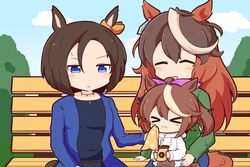  &gt;_&lt; 3girls :3 aged_down air_groove_(umamusume) animal_ears bench bendy_straw blue_eyes bow brown_hair casual closed_eyes commentary cup disposable_cup drinking_straw ear_bow ear_piercing earrings gomashio_(goma_feet) high_ponytail holding holding_cup hood hoodie horse_ears horse_girl horse_tail jacket jewelry light_brown_hair long_hair long_sleeves multicolored_hair multiple_girls necklace official_alternate_costume park_bench piercing pink_bow short_hair single_earring streaked_hair sweatdrop symboli_rudolf_(umamusume) tail tokai_teio_(umamusume) two-tone_hair umamusume 