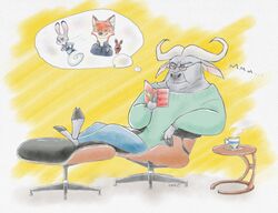  2020 anthro book bovid bovine canid canine cape_buffalo chief_bogo container cup disney eyewear fox gesture glasses hand_gesture hb_runo hi_res holding_book holding_object horn judy_hopps lagomorph leporid mammal nick_wilde rabbit reclining red_fox simple_background sitting thought_bubble true_fox v_sign zootopia 