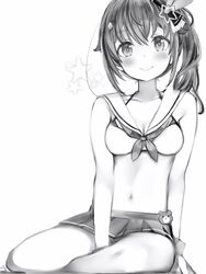  ankimo_(tokino_sora) bad_id bad_pixiv_id bare_arms between_legs bikini bikini_skirt blush bow breasts closed_mouth female greyscale hair_flaps hair_ornament hair_ribbon hairbow hand_between_legs highres hololive long_hair looking_at_viewer medium_breasts miniskirt monochrome nanashi_(nlo) navel official_alternate_costume official_alternate_hairstyle pleated_skirt ribbon sailor_bikini sailor_collar side_ponytail sitting skirt smile solo star_(symbol) star_hair_ornament swimsuit tokino_sora tokino_sora_(hololive_summer_2019) virtual_youtuber white_background wristband yokozuwari 