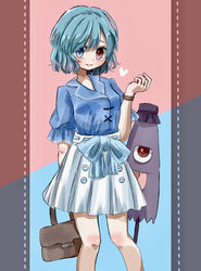  absurdres aqua_hair blue_eyes blue_shirt brown_bag collared_shirt feet_out_of_frame female hand_up heterochromia highres looking_at_viewer red_eyes salt_(seasoning) shirt shirt_tucked_in short_sleeves smile solo tatara_kogasa touhou 