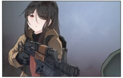  akm akms assault_rifle backpack bag bandit-chan_(k0ng) bandit_(stalker) black_gloves black_hair black_sweater brown_jacket female finger_on_trigger gloves gp-25 grenade_launcher gun hair_over_one_eye highres jacket k0ng kalashnikov_rifle ponytail red_eyes rifle sidelocks solo stalker_(game) sweater underbarrel_grenade_launcher weapon white_background 