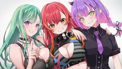  3girls absurdres bikini bikini_top_only black_bikini black_collar black_nails black_ribbon black_shirt blush bra breasts cleavage collar demon_girl demon_horns demon_wings ear_piercing green_eyes green_hair grey_bikini grey_bra hair_between_eyes hair_ornament hairclip hand_on_another&#039;s_shoulder head_tilt highres hololive horns index_finger_raised jewelry large_breasts long_hair looking_at_viewer medium_breasts medium_hair midriff mole mole_on_breast multicolored_hair multiple_girls necklace necktie nekota_tsuna nekota_tsuna_(1st_costume) orange_eyes orange_hair paint_splatter pearl_necklace piercing purple_eyes purple_hair purple_necktie red_hair ribbon ruo19 shirt shrug_(clothing) smile streaked_hair swimsuit tokoyami_towa tokoyami_towa_(school_uniform) underbust underwear v-shaped_eyebrows virtual_youtuber vspo! white_background wings yakumo_beni yakumo_beni_(1st_costume) 