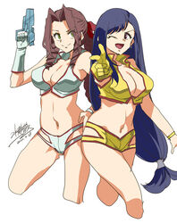  2girls aerith_gainsborough arm_up blue_hair braid braided_ponytail breasts brown_hair cleavage closed_mouth cosplay crop_top dated dirty_pair earrings eyes_visible_through_hair facing_viewer final_fantasy final_fantasy_vii final_fantasy_vii_remake finger_gun gloves green_eyes gun hair_ribbon hand_on_own_hip handgun holding holding_gun holding_weapon jewelry kei_(dirty_pair) kei_(dirty_pair)_(cosplay) large_breasts long_hair midriff mizuryuu_kei multiple_girls navel one_eye_closed open_mouth photoshop_(medium) pointing pointing_at_viewer red_eyes ribbon shadow signature simple_background smile stomach tifa_lockhart weapon white_background yellow_gloves yuri_(dirty_pair) yuri_(dirty_pair)_(cosplay) 