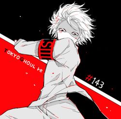  1boy armband awara_kayu black_armband blood commentary_request copyright_name floating_hair hair_ornament holding holding_weapon jacket looking_at_viewer male_focus monochrome pants red_armband short_hair simple_background solo stitches suzuya_juuzou tokyo_ghoul tokyo_ghoul:re weapon x_hair_ornament 