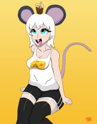  animal_humanoid black_bottomwear black_clothing black_pants blue_eyes bottomwear clothing female hair hi_res humanoid it&#039;s_on_the_mouse legwear mammal mammal_humanoid meme mouse_ears mouse_humanoid mouse_tail murid murid_humanoid murine murine_humanoid pants rodent rodent_humanoid shirt simple_background solo thigh_highs topwear white_clothing white_hair white_shirt white_topwear yeetboi420z yellow_background 