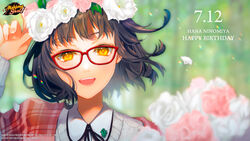  absurdres blurry blurry_background brown_hair character_name copyright_name copyright_notice dated depth_of_field english_commentary female flower glasses happy_birthday head_wreath highres kotsuru_kari leaf logo mahjong_soul ninomiya_hana official_art official_wallpaper open_mouth petals pink_flower pink_rose red-framed_eyewear rose white_flower white_rose yellow_eyes 