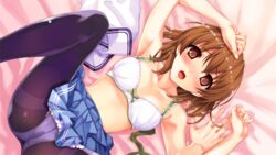  bed_sheet black_legwear blue_skirt blush bow bow_bra bra breasts brown_eyes brown_hair cleavage clothes_lift collarbone female from_above game_cg hair_between_eyes looking_at_viewer lying medium_breasts medium_hair miniskirt misaki_kurehito on_back open_mouth panties panties_under_pantyhose pantyhose pleated_skirt pov skirt skirt_lift smile_cubic! solo_focus thighband_pantyhose tsuyazaki_kokage underwear unworn_shirt white_bra 