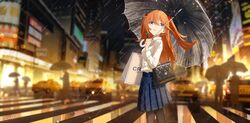  bag black_pantyhose blue_eyes blue_skirt blurry blurry_background breasts car cityscape collared_shirt cowboy_shot female floating_hair from_side handbag highres holding holding_umbrella long_hair long_sleeves looking_at_viewer motor_vehicle neon_genesis_evangelion new_year orange_hair outdoors pantyhose pleated_skirt rain shirt shopping_bag skirt solo souryuu_asuka_langley taxi times_square two_side_up umbrella water_drop white_shirt wind wind_lift ya_yan 