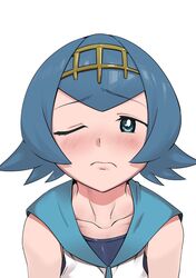  bad_id bad_twitter_id blue_hair blue_sailor_collar blush bright_pupils closed_mouth collarbone commentary_request female frown green_eyes hairband highres lana_(pokemon) makino_harumaki no_sclera one-piece_swimsuit one_eye_closed pokemon pokemon_sm raised_eyebrows sailor_collar shirt short_hair simple_background sleeveless sleeveless_shirt solo swimsuit swimsuit_under_clothes white_background white_pupils white_shirt yellow_hairband 