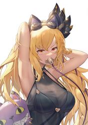  absurdres animal_ears arms_up bikini black_bikini blonde_hair braid breasts cleavage dark-skinned_female dark_skin eyewear_on_head fake_animal_ears female granblue_fantasy hairband hand_in_own_hair heart helel_ben_shalem highres jiang_(kplrt_07) long_hair medium_breasts orange_eyes pacifier see-through sidelocks simple_background solo stuffed_animal stuffed_toy swimsuit upper_body white_background 