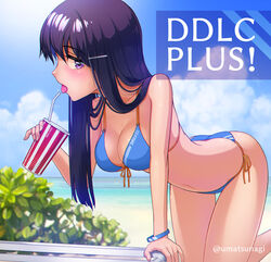  beach bikini black_hair blue_bikini blue_sky bracelet breasts cleavage cloud collarbone copyright_name day doki_doki_literature_club drinking_straw female front-tie_bikini_top front-tie_top hair_ornament hairclip jewelry long_hair looking_at_viewer looking_to_the_side medium_breasts ocean open_mouth orange_ribbon outdoors purple_eyes ribbon shiny_skin side-tie_bikini_bottom sky solo straight_hair string_bikini swimsuit thigh_gap tongue tongue_out twitter_username umatsunagi very_long_hair yuri_(doki_doki_literature_club) 