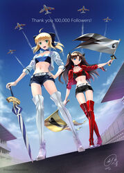  2girls :d ahoge aircraft airplane artoria_pendragon_(fate) belt black_choker black_hair black_shorts blonde_hair blue_belt blue_choker blue_eyes blue_shirt blue_shorts blue_sky boots bow breasts choker closed_mouth cloud crop_top cropped_jacket crossed_legs dated day dual_wielding english_text excalibur_(fate/stay_night) f-86_sabre fate/stay_night fate_(series) fence flag floating_hair from_below full_body green_eyes hairbow hand_on_own_hip highres holding holding_flag jacket kanshou_&amp;_bakuya_(fate) long_hair looking_at_viewer medium_breasts milestone_celebration multiple_girls navel official_alternate_costume open_mouth planted planted_umbrella ponytail race_queen racetrack red_jacket red_shirt saber_(fate) saber_(type-moon_racing)_(fate) shirotsumekusa shirt short_shorts shorts sidelocks signature sky smile stomach teeth thank_you thigh_boots thighhighs tohsaka_rin tohsaka_rin_(type-moon_racing) two_side_up umbrella upper_teeth_only watson_cross waving_flag white_belt white_jacket 