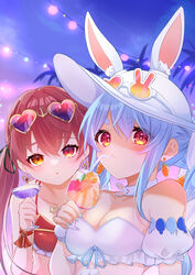  2girls absurdres adapted_costume amaguri_(guri_0330) bikini blue_hair breasts choker cleavage detached_sleeves drinking drinking_straw eyewear_on_head eyewear_on_headwear hat heart heart-shaped_eyewear heterochromia highres hololive houshou_marine houshou_marine_(summer) looking_at_viewer medium_breasts multicolored_hair multiple_girls one_eye_closed puffy_detached_sleeves puffy_short_sleeves puffy_sleeves rabbit-shaped_eyewear rabbit-shaped_pupils red_bikini red_eyes red_hair short_sleeves strapless strapless_bikini sun_hat sunglasses swimsuit symbol-shaped_pupils tropical_drink twintails two-tone_hair upper_body usada_pekora virtual_youtuber white_bikini white_choker white_hair white_headwear yellow_eyes 