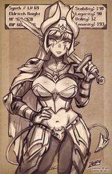  armor artist_name breasts demon_girl demon_horns demon_tail english_text female greyscale hair_between_eyes hand_on_own_hip highres holding holding_sword holding_weapon horns iahfy medium_breasts monochrome navel original patreon_username pointy_ears ponytail solo stats sword synth_(iahfy) tail tongue tongue_out twitter_username watermark weapon 