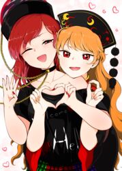  2girls :d ;d absurdres black_shirt blonde_hair blush chains chinese_clothes choker eyebrows_hidden_by_hair gradient_background hat head_on_another&#039;s_shoulder head_rest head_tilt heart heart_hands heart_hands_duo hecatia_lapislazuli highres junko_(touhou) kaisenpurin long_hair looking_at_viewer medium_hair multicolored_clothes multicolored_skirt multiple_girls nail_polish off-shoulder_shirt off_shoulder one_eye_closed open_mouth orange_hair pink_background plaid plaid_skirt red_eyes red_hair red_nails shirt short_sleeves skirt smile swept_bangs t-shirt touhou upper_body wide_sleeves yuri 