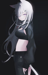  animal_ears asymmetrical_clothes black_background black_bra black_pants bra breasts cat_ears cat_tail closed_mouth female from_behind hair_over_one_eye highres large_breasts long_hair looking_at_viewer looking_back migihidari_(puwako) one_eye_covered original pants purple_eyes shrug_(clothing) simple_background single_pantsleg solo tail underwear very_long_hair white_hair 