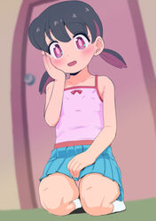  :d bare_arms bare_shoulders black_hair blue_skirt blurry blurry_background blush bow bright_pupils camisole collarbone door doraemon female flat_chest full_body hair_between_eyes hand_on_lap hand_on_own_cheek hand_on_own_face hand_up head_tilt highres indoors minamoto_shizuka multicolored_hair open_mouth panties pantyshot pink_camisole pink_panties pleated_skirt purple_eyes purple_hair red_bow seiza short_hair short_twintails sitting skirt smile socks solo takahashi_note twintails underwear white_socks 