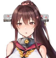  blush breasts brown_eyes collar female hair_between_eyes hair_intakes headgear kansho_(stm_735) kantai_collection large_breasts long_hair looking_at_viewer metal_collar navel ponytail simple_background solo upper_body white_background yamato_(kancolle) 