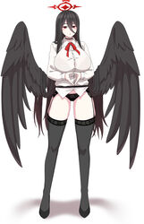  absurdres alternate_costume black_choker black_footwear black_hair black_panties black_wings blue_archive bow bowtie breasts choker commentary feathered_wings female finger_touching full_body garter_straps hair_between_eyes halo hasumi_(blue_archive) high_heels highres korean_commentary large_breasts large_wings long_bangs long_hair long_sleeves looking_at_viewer majinmallow mole mole_under_eye no_pants own_hands_together panties parted_lips red_bow red_bowtie red_eyes shirt sidelocks simple_background solo standing underwear white_background white_shirt wings 