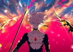  1boy bishounen black_bodysuit blue_eyes bodysuit choker closed_mouth cloud commentary earrings fate/apocrypha fate_(series) fuka_(hk_nemo) hair_over_one_eye highres holding holding_polearm holding_weapon jewelry karna_(fate) light_particles light_smile looking_at_viewer male_focus outdoors pale_skin polearm short_hair single_earring sky solo twilight upper_body weapon white_hair 