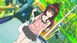  absurdres arm_at_side bag bare_arms bare_shoulders breasts brown_hair collarbone commentary_request day dutch_angle female food grey_skirt hand_up highres long_hair miniskirt orange_eyes outdoors pink_top skirt small_breasts smile solo standing to_love-ru touchuu_kasou tree yuuki_mikan 