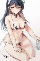  ahoge animal_print bell bikini blue_hair blush bottle breasts brown_eyes choker cleavage cow_print cow_tail female hair_between_eyes hairband kansho_(stm_735) kantai_collection large_breasts long_hair micro_bikini milk_bottle neck_bell open_mouth side-tie_bikini_bottom simple_background sitting solo swimsuit tail ushio_(kancolle) white_hairband 