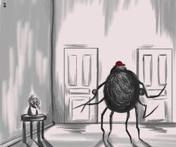  8_legs ambiguous_gender anthro arachnid arthropod black_body black_fur clothing detailed_background door fur hat headgear headwear hi_res mr._spider solo spider the_magnus_archives twistyblitzy 