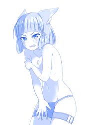  angry animal_ears blue_theme blunt_bangs blush cat_ears covering_privates embarrassed facial_mark female highres monochrome navel nia_(xenoblade) short_hair simple_background solo spoilers topless viperxtr white_background xenoblade_chronicles_(series) xenoblade_chronicles_2 