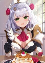  armor ascot black_gloves blush braid breasts cha0198 chair cleavage commentary_request female flower food fork genshin_impact gloves green_eyes grey_hair hair_flower hair_ornament highres holding holding_fork indoors lighter-than-air_pancake_(genshin_impact) looking_at_viewer maid_headdress medium_breasts noelle_(genshin_impact) on_chair pancake pancake_stack red_ascot red_flower red_rose rose short_hair shoulder_armor sitting solo table window 