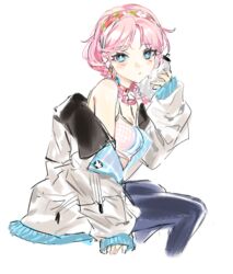  arknights bare_shoulders blue_eyes blue_pants blue_poison_(arknights) blue_poison_(shoal_beat)_(arknights) braid breasts choker female frischenq hairband hand_up holding jacket leggings long_hair long_sleeves looking_at_viewer off_shoulder official_alternate_costume pants pink_choker pink_hair simple_background sitting small_breasts solo spaghetti_strap sports_bra white_background white_jacket 