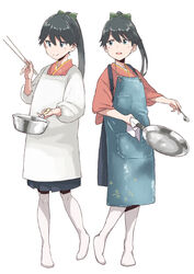  apron black_eyes black_hair black_hakama blue_apron blue_eyes blush chopsticks closed_mouth female frying_pan full_body hair_between_eyes hakama hakama_skirt holding holding_chopsticks holding_frying_pan housewife houshou_(kancolle) japanese_clothes kantai_collection kappougi kimono long_hair long_sleeves matsutani multiple_views open_mouth pantyhose pink_kimono ponytail saucepan simple_background skirt smile spoon white_background white_legwear wide_sleeves 