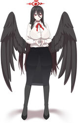  absurdres alternate_costume black_choker black_footwear black_hair black_skirt black_wings blue_archive bow bowtie breasts choker commentary feathered_wings female finger_touching full_body hair_between_eyes halo hasumi_(blue_archive) high_heels highres korean_commentary large_breasts large_wings long_bangs long_hair long_sleeves looking_at_viewer majinmallow mole mole_under_eye own_hands_together pantyhose parted_lips pencil_skirt red_bow red_bowtie red_eyes see-through see-through_skirt shirt sidelocks simple_background skirt solo standing white_background white_shirt wings 