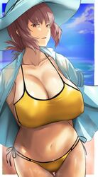  bikini breasts cafekun cleavage collarbone day fate/grand_order fate_(series) female florence_nightingale_(chaldea_lifesavers)_(fate) florence_nightingale_(fate) looking_at_viewer medium_hair navel outdoors parted_lips pink_hair red_eyes shiny_skin side-tie_bikini_bottom solo stomach swimsuit yellow_bikini 