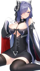  absurdres august_von_parseval_(azur_lane) azur_lane bare_shoulders black_cape black_dress black_thighhighs breasts cape curled_horns dress female gloves hair_over_one_eye hand_on_own_chest highres horns large_breasts long_hair looking_at_viewer mechanical_horns microdress purple_eyes purple_hair seele0907 simple_background solo thighhighs very_long_hair white_background white_gloves zettai_ryouiki 