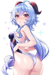  :o adjusting_clothes adjusting_swimsuit ahoge alternate_costume arched_back ass back back_cutout black_horns blue_hair blue_one-piece_swimsuit blush breasts clothing_cutout commentary competition_swimsuit cowboy_shot curled_horns duplicate embarrassed female from_side ganyu_(genshin_impact) genshin_impact goat_horns groin hair_between_eyes highleg highleg_swimsuit highres horns long_hair looking_at_viewer looking_back nose_blush one-piece_swimsuit parted_lips pixel-perfect_duplicate raised_eyebrows red_eyes sidelocks simple_background small_breasts solo sparkle standing sweatdrop swimsuit thighs tomo_(tmtm_mf_mf) two-tone_swimsuit very_long_hair wavy_hair white_background white_one-piece_swimsuit 