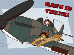  4:3 absurd_res ailurid aircraft airplane anthro brown_body brown_fur brown_hair canid canine canis clothed clothing duo english_text exclamation_point female fur hair hawker_hurricane hi_res jackal jackie_hiero male mammal open_mouth red_panda text the_man vehicle 