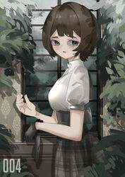  absurdres black_gloves brown_hair brown_skirt female from_side gloves green_eyes highres looking_at_viewer looking_to_the_side mnnnya original parted_lips puffy_short_sleeves puffy_sleeves shirt short_hair short_sleeves single_glove skirt solo unworn_gloves white_shirt 