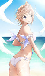  ass bad_id bad_twitter_id beach bikini blonde_hair blue_eyes blue_sky butt_crack day europa_(granblue_fantasy) europa_(summer)_(granblue_fantasy) female gradient_sky granblue_fantasy highres looking_at_viewer official_alternate_costume outdoors saboten short_hair side-tie_bikini_bottom sky solo swimsuit tiara white_bikini 