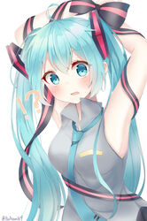  !? absurdres aqua_eyes aqua_hair aqua_necktie armpits arms_up bare_shoulders black_skirt blush bound bound_arms bow bowtie female grey_shirt hair_ornament hatsune_miku highres long_hair looking_at_viewer necktie noneon319 open_mouth ribbon shirt skirt sleeveless sleeveless_shirt solo striped striped_bow striped_ribbon surprised twintails twitter_username upper_body very_long_hair vocaloid white_background wide-eyed 