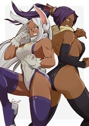  2girls abs animal_ears armwear artist_name bangs bare_back bare_shoulders bare_thighs black_leotard bleach boots bunny_ear bunny_girl buttons clenched_teeth clothed clothed_female clothing crossover dark-skinned_female dark_skin dora_marombeira dotted_background double_chocolate female female_only fist fit fit_female gloves gold_eyes hair_ornament hairband hero_outfit_(mha) heroine iaranaika large_thighs leotard long_hair medium_breasts miruko muscles muscular muscular_female my_hero_academia ponytail purple_hair rabbit_ears rabbit_humanoid rabbit_tail raised_tail rumi_usagiyama scarf shihouin_yoruichi shiny_hair shiny_skin side_boob sideboob smile smiling smiling_at_viewer smirk teeth thigh_high_boots thighhighs very_long_hair white_background white_fur white_gloves white_hair white_leotard yellow_eyes 