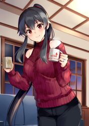  alternate_costume bare_shoulders black_hair black_pants blush breasts couch cup female hair_between_eyes holding holding_cup ichinomiya_(blantte) indoors kantai_collection long_hair medium_breasts mug night pants ponytail red_eyes red_sweater ribbed_sweater sidelocks smile solo steam sweater window yahagi_(kancolle) 